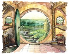 a watercolor painting of an open door leading to a lush green landscape