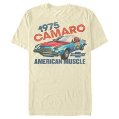 Now you can dress in style and show your love for your favorite car brand with this officially licensed General Motors 1975 Camaro American Muscle Men's Tee, featuring a shiny red and blue 1975 Camaro! If you love American-made cars, then you need to grab this cool new graphic tee for yourself today! 1975 Camaro, Motorcycles Logo Design, Camaro Car, Muscle T Shirts, Car Brand, American Muscle, Slim Fit Shorts, Muscle Car, Muscle Men