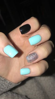 Spring vibes 👗💅🏼  #spring #nails #teal #glitter #black #happygirl #acrylicnails #shortnails Spring Nails Teal, Nails Teal, Bow Tie Nails, Western Nails, Black Acrylic Nails, Metallic Nails, Short Acrylic Nails Designs