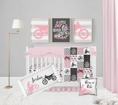 "Made just for your baby girl, you're going to LOVE this personalized motocross crib bedding set! Perfect for any dirt bike baby bedding, personalize this baby girl crib bedding set with your baby's name on these personalized pink motocross crib bedding pieces for an adorable addition to your motocross nursery or dirt bike nursery! ♥ CRIB BEDDING SET OPTIONS ~ 2 Piece Set: Dirt bike crib sheet of your choice Dirt bike baby blanket ~ 3 Piece Set: Dirt bike crib sheet of your choice Dirt bike baby Motocross Nursery, Motocross Baby, Baby Girl Crib Bedding Sets, Matching Wall Art, Girl Crib Bedding Sets, Girl Nursery Bedding, Baby Girl Crib Bedding, Baby Bike, Baby Crib Sheets