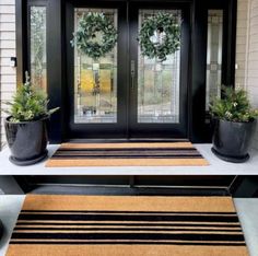 two pictures of front doors with plants on each side and the same door mat in between