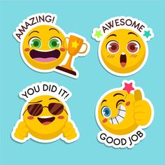 four stickers with different emoticions that say'amazing, awesome, and good job