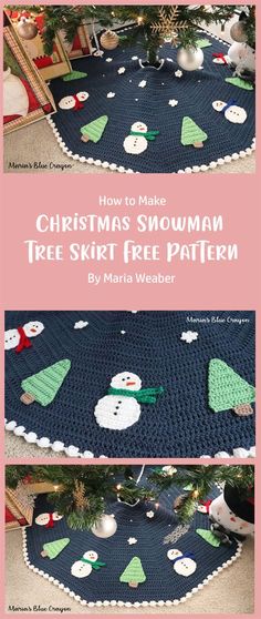 a crocheted christmas tree skirt with snowmen on it and the words how to make