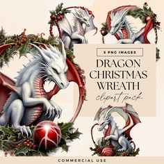 the dragon christmas wreath clipart pack includes three different images, including one with an ornament