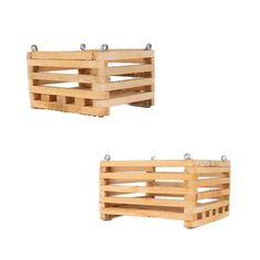 two wooden crates sitting on top of each other in front of a white background,