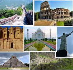 the collage shows many different places in the world, including ancient ruins and statues