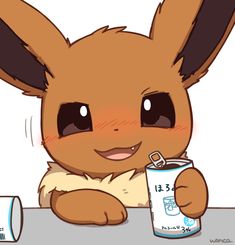 a cartoon rabbit holding a can of milk and pointing to it's left side