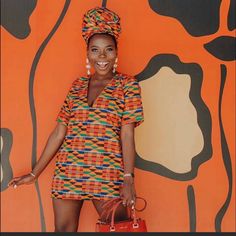 African Women Dress Ankara Kente Print Handmade Short Sleeve Model Is Wearing Size 6 Poly Cotton You Can Choose Any Fabric Under The Model Pictures If Not, You Will Get The Model Print Please Check Your Measurements Before You Order. The Measurements Chart Is In One Of The Pictures Lenght Is 33 To 35 Inches Contact Me For Your Choice Of Fabrics Available In 4 Different Kente Print Come With Head Wrap Please Let Me Know The One You Like Prior To Purchase Vibrant Multicolor Short Sleeve Mini Dress, Vibrant Orange V-neck Dress, Vibrant Fitted Dress With Short Sleeves, Orange Mini Dress With Vibrant Print, African Dresses For Women Ankara, African Dress For Women, Kenya Fashion, Kente Print, Dresses African