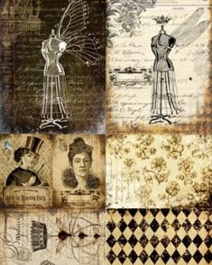 an old fashion collage with many different designs on it's sides and the image of a woman wearing a top hat