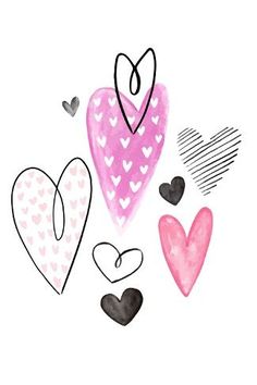 three hearts with different shapes and sizes on them, one is pink, the other is black