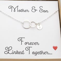 ❤️ PERSONALIZED 2 CIRCLE MOTHER AND SON NECKLACE WITH CARD - IN SILVER, GOLD OR ROSE GOLD ❤️ * Comes with a 2" extender (for the PERFECT fit when giving) * Solid sterling 925 silver half-hammered circles with silver, gold or rose gold finish * Includes the "Mother & Son Forever Linked Together" mounting card (in first photo) * Chains are flat finished to catch the light -- and sparkle * Comes in a nice gift box -- so you can send directly to your loved one * The perfect gift for any mother with Remembering A Loved One, Photo Chain, Interlocking Circle Necklace, Personalized Memorial Gifts, Mother And Son, Cute Gift Boxes, Mother Son, Mom Jewelry, Circle Necklace