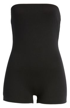 Layer this minimalist romper however you like since it has versatile details like a fold-over neck in a contrasting color and short legs. Strapless 95% cotton, 5% spandex Machine wash, dry flat Imported Body Suit Shorts, Black Short Jumpsuit, Holiday Fits, Black Catsuit, Jumpsuit Short, Black Romper Shorts, Pretty Accessories, Yoga Outfits, Strapless Romper