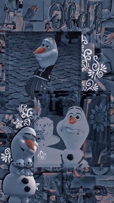 the frozen queen and snowman collage is shown