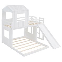 a white wooden bunk bed with a slide