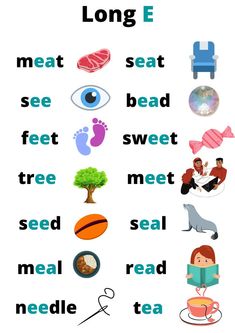 a poster with words and pictures on it that say long e, meat, seat, bed