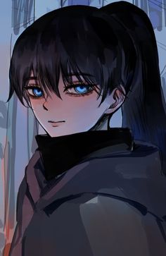 an anime character with blue eyes and long black hair, wearing a dark jacket in front of a wall