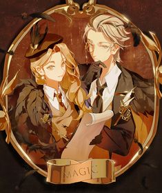 two anime characters are holding each other in front of a golden frame with the words sagam on it