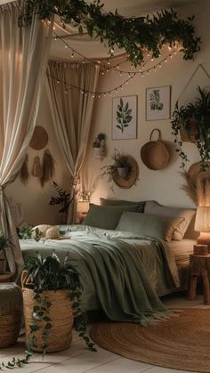 a bedroom decorated with plants and lights