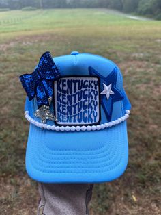 trucker hat designed uniquely for your enjoyment! these are so cute and fun especially to be able to wear this summer✨ if you would like one created from scratch please see my custom trucker hat listing😊 Blue Trucker Hats, Patch Work, Trucker Hats, Hat Designs, Trucker Cap, From Scratch