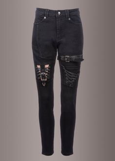 buckle goth pants Pants With Buckles, Alternative Jeans, Goth Jeans, Lace Up Jeans, Sequin Flare Pants, Goth Pants, Punk Jeans, Black Lace Choker, Moto Biker Jacket