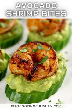 some shrimp and guacamole are on top of green peppers with the words avocado shrimp bites