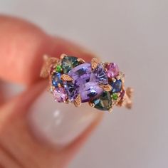 “Tara” Nature Inspired Cluster Engagement Ring with Purple Sapphire and Gemstones 14K Rose Gold, Multi Stone Ring | Unusual engagement rings unique Colored Sapphire Ring, Rose Gold Gemstone Ring, Ring With Colored Stone, Color Changing Sapphire, Purple And Gold Engagement Ring, Amethyst Cluster Ring, Purple And Green Engagement Ring, Cocktail Engagement Ring, Natural Sapphire Ring