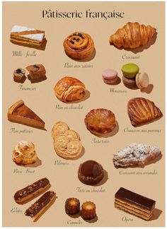 a poster with different types of pastries on it's sides and the words patisserie franaise written in french