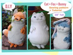 three pictures of stuffed animals with caption saying cat, fox and bunny sewing pattern