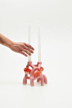 a hand is reaching for two candles in the shape of a horse