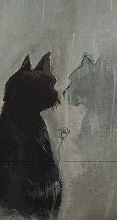 a painting of a black cat sitting in the rain