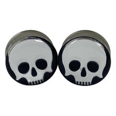 Pair of Chrome Skull Plugs Available in 12mm through 50mm. Double Flared. SOLD IN PAIRS. Quantity 1 = 1 pair. Guages With Earring, Cute Gauges, Chrome Skull, Burned Wood, Piercing Inspo, Black Clothes, Digital Closet