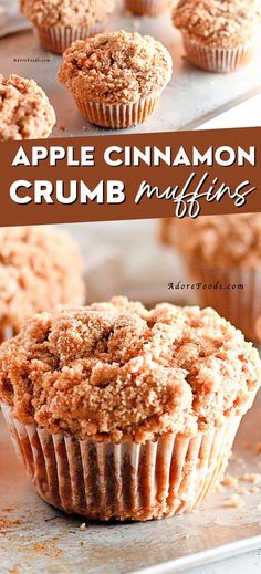 apple cinnamon crumb muffins on a baking sheet with the title above it