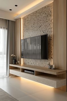 70” Tv, Modern Entertainment Unit, Tv Wall Rustic Ideas, Wood Panel Entertainment Wall, Bedroom Entertainment Wall, Bedroom Wall Mounted Tv Ideas, Tv Wall 2024 Trend, Modern Coastal Tv Wall, Tv Statement Wall