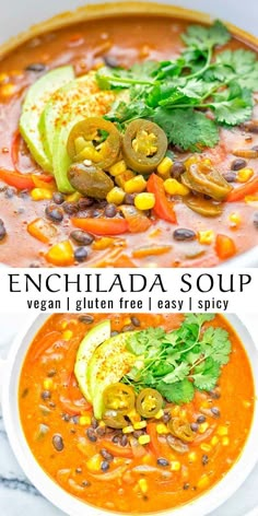 enchilada soup in a bowl with avocado and cilantro