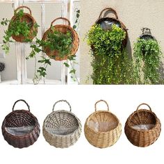 four baskets with plants hanging from them