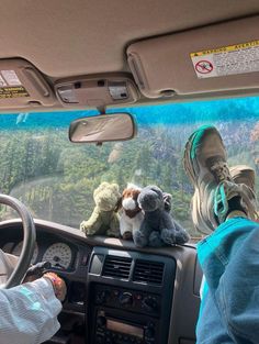 two stuffed animals are sitting on the dashboard of a car as someone sits in the driver's seat