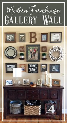 there are many pictures on the wall above the table and below it is an entryway