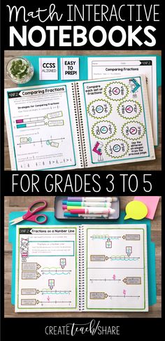 an interactive notebook for grade 3 to 5 is shown with scissors and pens on the table