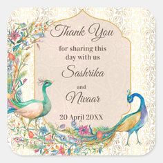 a thank card with two peacocks and flowers on the front, in pastel colors