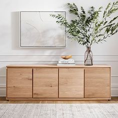 a living room with white walls, wooden furniture and a plant on the sideboard