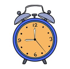 an alarm clock on a white background with blue and yellow hands, showing the time eleven o'clock