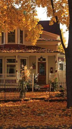 a white house with autumn leaves on the ground in front of it and a tree full of yellow leaves