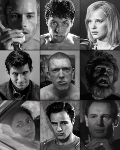 black and white photos of people with different facial expressions, including one man brushing his teeth