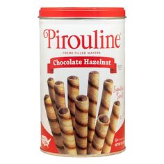 a can of chocolate hazelnut creme filled wafers on a white background,