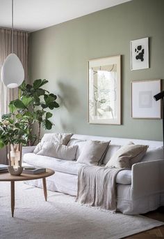 a living room with green walls and white furniture