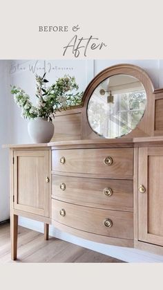 a dresser with a mirror on top of it next to a vase and potted plant