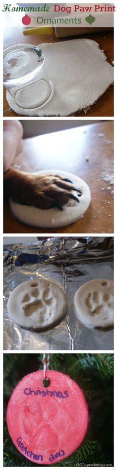 four different pictures showing how to make homemade pizza crusts for christmas tree ornament