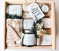 This gorgeous spa box is an elegant Christmas or holiday gift. Great for friends, family or co-workers. Only high quality ingredients and elevated packaging are used. 🌿 10x10x3.5 wooden pine keepsake box. Engraved name is optional! A great keepsake box and reduces waste in packaging. 🌿9 oz sugar scrub in cedar mint scent. Luxurious and exfoliating, these scrubs are our favorite! sure to be a hit.  🌿9 oz coffee scrub 🌿terry soap pouch 🌿6 oz chamomile and neroli body butter. Elegant glass lotion pump. whipped and moisturizing, perfect for dry skin, pregnant bellies, hands and feet! 🌿duo of lip balms, French vanilla and herbal mint, our formula is moisturizing with butters and oils, not waxy like some lip balms. Sure to become a new favorite! 🌿two 4 oz handmade soap bars 🌿Three old fa Vanilla Gift Basket, Gift Sets For Christmas, Elegant Gifts For Women, Spa Gift Box Ideas, Spa Day Gift Basket, Spa Gift Ideas, Spa Day Gift, Mint Sugar Scrub, Pregnant Bellies