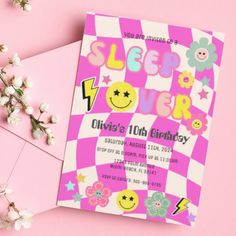 a pink and white checkered sleepover birthday party card with flowers on the side