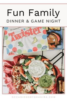 a dinner plate with broccoli, carrots and spinach on it that says fun family dinner & game night